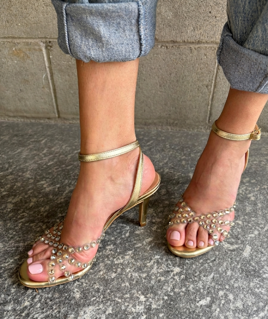 Sandalo platino con strass effetto nudo