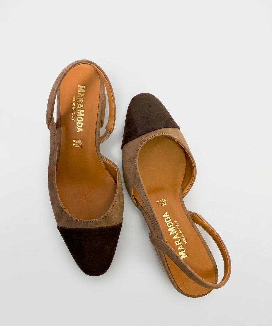Two-tone dark brown and biscuit slingbacks with a tapered toe