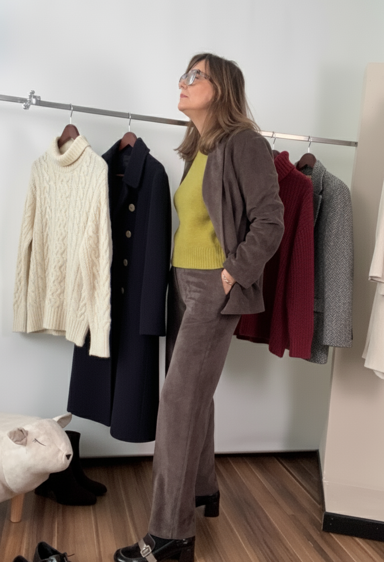 Tailleur in velluto a doppio petto con pantalone dritto