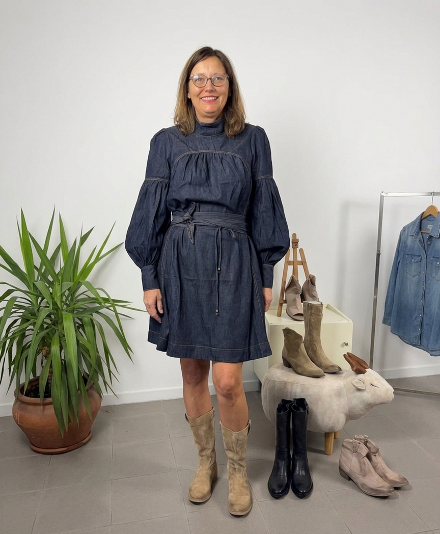 Abito in jeans scuro con cintura regolabile